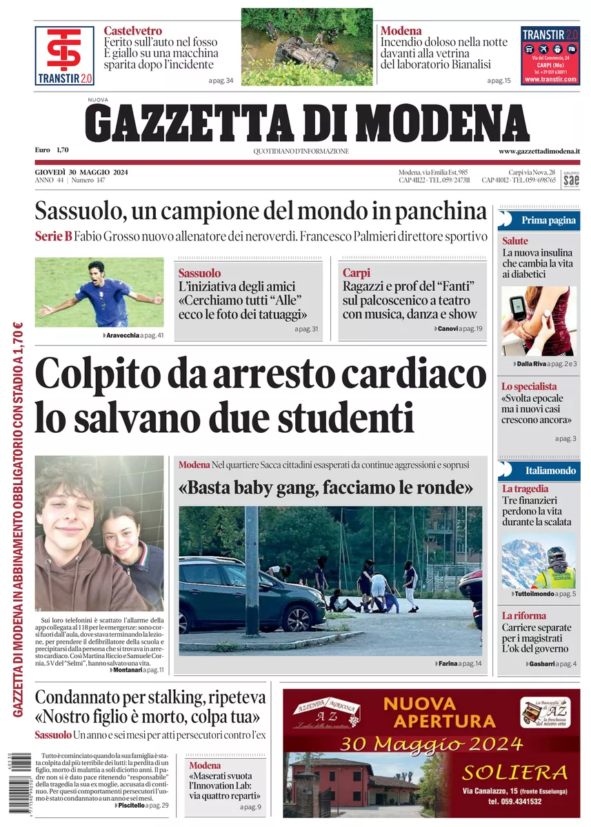 Prima-pagina-gazzetta di modena-oggi-edizione-del-2024-05-30